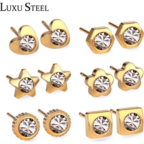 LUXUSTEEL 6pairs/Boxes Various Shape Stainless Steel Earring Sets Cubic Zirconia Nickel-free stud Earrings Brincos