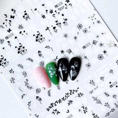 6pcs/set Black White Flower Leaves Nail Sticker Slider for Nail Art Decorations Water Transfer Decal Manicure DIY Tips