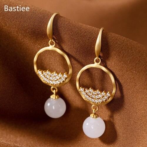 Bastiee 925 Sterling Silver Earrings Earings Fashion Jewelry Jade Golden Plated Korean Earrings Dangle Earrings