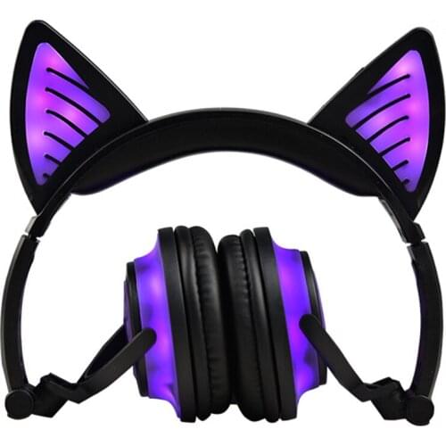 Bluetooth Headphones Cat Ear LED Light Up Wireless Foldable Headphones with 3.5mm AUX Cable