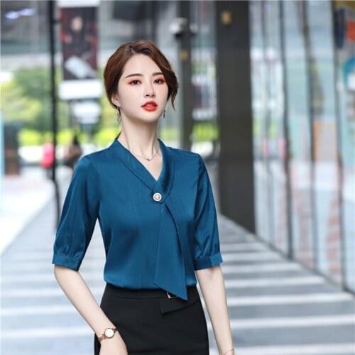 Half Sleeve Elegant Blue Spring Summer Chiffon Blouses Shirts for Women Business Office Work Wear Blouse Female Clothes Tops