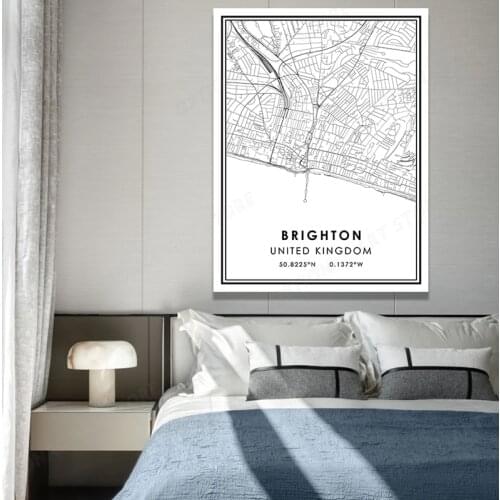 Black And White World City Map BRIGHTON Wall Art Canvas Poster Prints Nordic Style Paintings Picture For Living Room