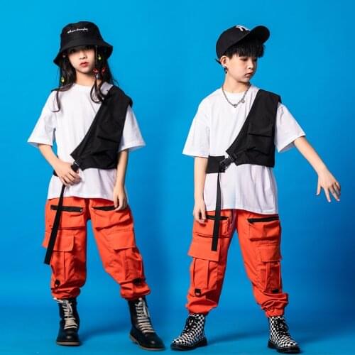 Kids Stage Carnival Hip Hop Clothing Loose T Shirt One Shoulder Tops Vest Tactical Cargo Pants Girls Boy Dance Costume Clothes