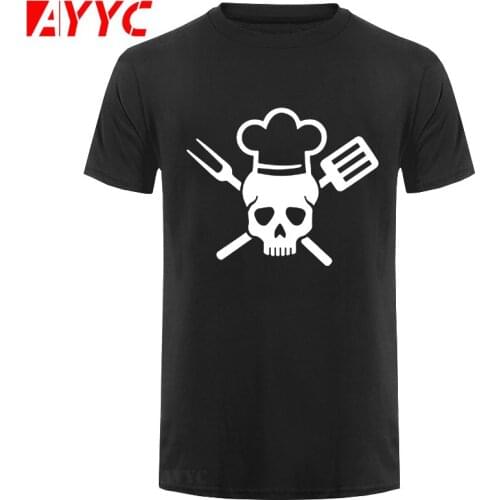 AYYC T-Shirt Tshirt Chef Skull Printed Short Sleeve T Shirt Men Diet Culinary Grilling BBQ Gift Tops Tees Camisetas Masculina