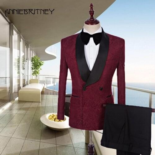 Latest Men Designer Suit Burgundy Mens Suits Pattern Wedding Double Breasted Black Satin Shawl Laple Groom Blazer Jacket 2 Piece
