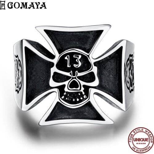 GOMAYA Stainless Steel Ring For Men Black Fashion Punk Vintage Style Cross Shape Skull Pattern Party Prom Boy Jewelry Hot Sale