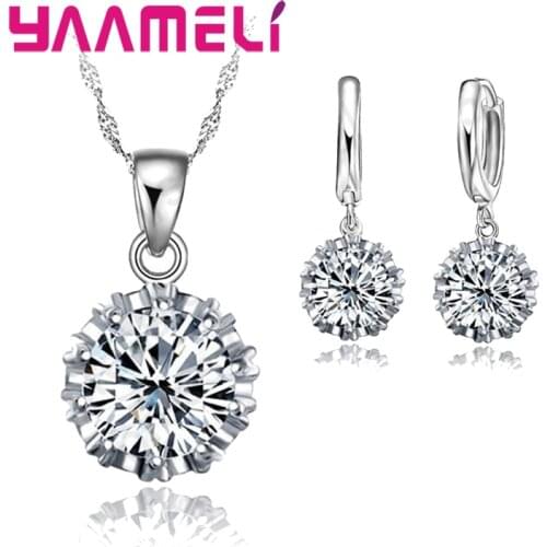 Super Shining Cubic Zirconia Crystal Genuine 925 Sterling Silver Round Necklace Pendant Earrings Jewelry Sets For Women