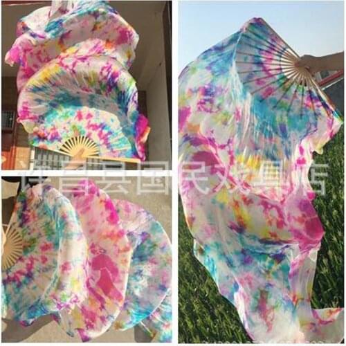 New Arrival Tie-dyed 100% real silk fan veils for Belly Dancing Sexy Bamboo ribs long silk Fans Props 1pair 1.5m,1.8m, 2.1m