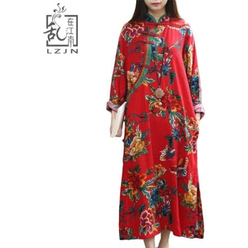 LZJN Long Sleeve Dress Cotton Linen Cheongsam Qipao Summer Autumn Floral Butterfly Print Robe Traditional Chinese Women Dress