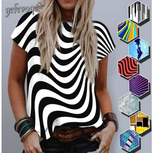 Stripe Graphic Print T-Shirt Women 2021 Summer Round Neck Short Sleeve Tops Casual Tees Harajuku Plus Size Loose Tshirts