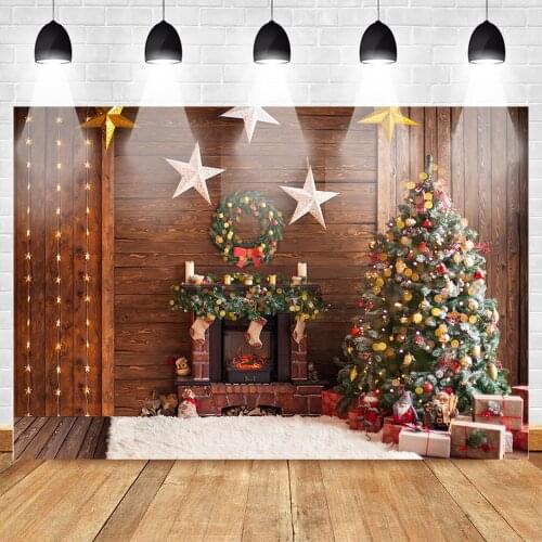 Christmas Backdrops Fireplace Christmas Tree Star Gift Background Red Sock Wood Wall Backdrop Children Kids Portrait Xmas Party