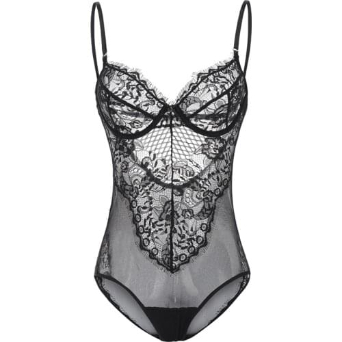 Sexy Backless Lace Transparent Teddies With Underwire Push Up Bodysuits Mesh Lingerie Underwear Exotic Clothes Women White Black