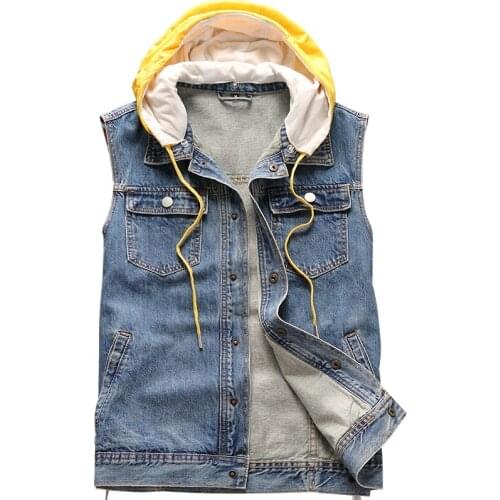 Detachable Spring Summer Hooded Denim Vest Mens loose Washed Cowboy WaistCoat Hip Hop Tank Top High Street Sleeveless Jacket