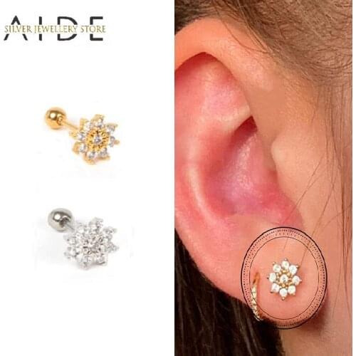 AIDE 5mm 925 Sterling Silver Stud Earrings Cute Zircon Ear Bone Nail Mini Snowflake Piercing Earrings for Women Jewelry kolczyki
