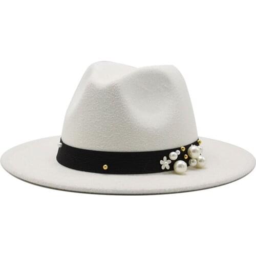 Hot Women Wool Fedora Hat With pearl Ribbon Gentleman Elegant Lady Winter Autumn Wide Brim Church Panama Sombrero Girl Jazz Cap