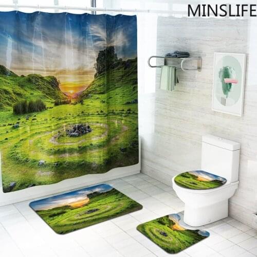Green Prairie Printed 3d Bath Curtains Waterproof Polyester Fabric Washable Bathroom Shower Curtain Non-Slip Carpets Mat Sets