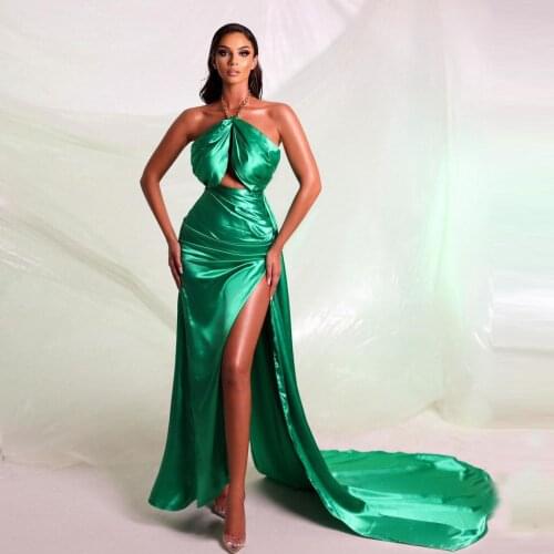 Green Sexy Simple Evening Dress Halter Floor Length High Split With Train Backless Prom Dresses Plus Size Custom Made