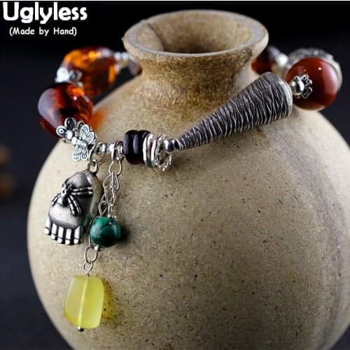 Uglyless Natural Blood Amber Beeswax Bracelets for Women Elastic Rope Silver Buddha Charms Bracelets 925 Silver Jewelry BR285
