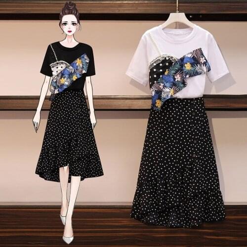 2020 New Summer Fashion Faux Two Piece Womens Tshirts Ruffles Pearl Beading Cotton Top Students Short Sleeve T-shirts Skirt Set