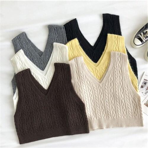 2021 Korean Style Women Sweater Vest Women Short Knitted Sweater Sleeveless Ladies V-Neck Pullover Crop Tops Female Tank Tops