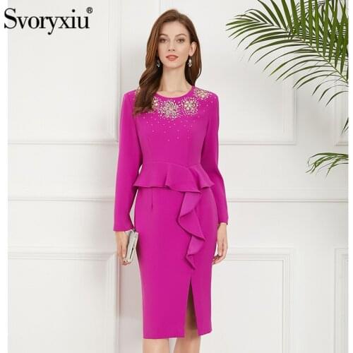 Svoryxiu Fashion Autumn Women Fuchsia Black Knee-Length Dress O-Neck Crystal Diamond High Waist Ruffle Slim Under Split Dresses