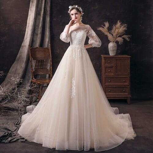 Vestidos Boho Bridal Half Lantern Sleeves Wedding Dresses A Line 2021 Robe Longue Simple Tulle Long Wedding Gowns O-Neck