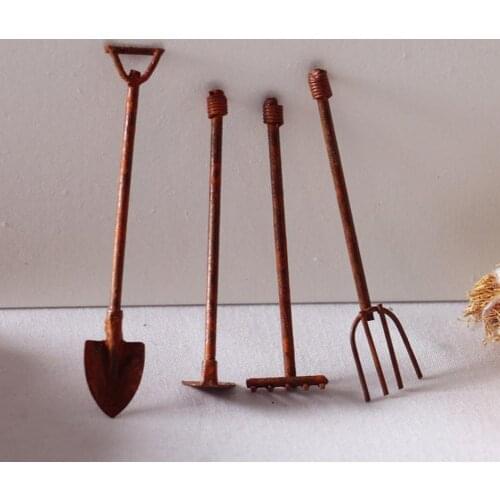 4Pcs/Set Farming Tools Miniature Creative Decoration Ornaments Garden Shovel Hoe Pitchfork Model Accessories Decoration Supplies