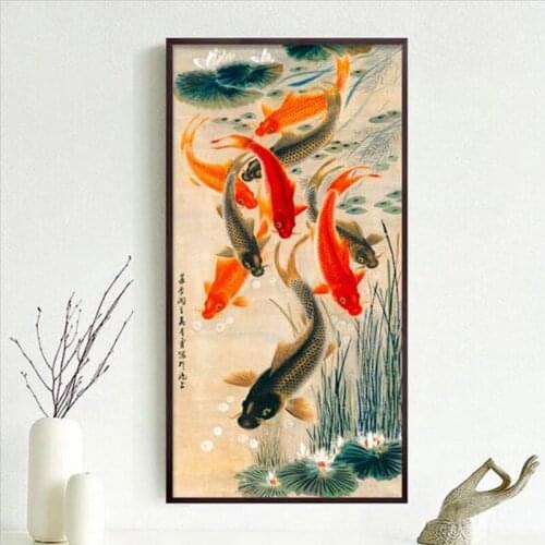 5d Diy Diamond Painting Cross Stitch Nine Carp Fish Lotus Diamond Embroidery Animals Square/round Diamond Home Decor