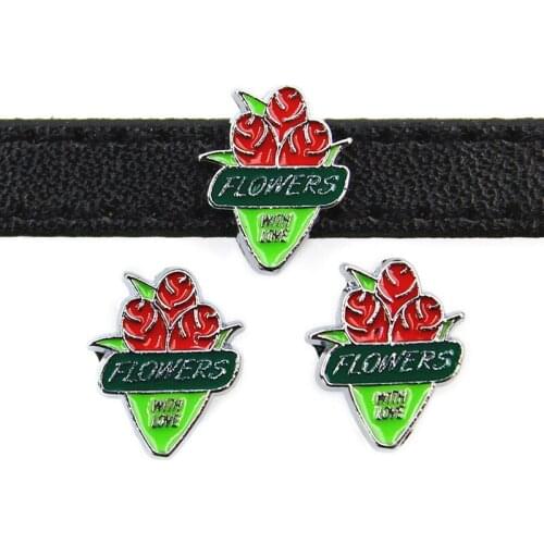 8mm Flowers with love Slide Charms Flat Hole Enamel Beads Keeper Fit 8mm Stainless Steel Mesh Bracelets DIY Jewelry Making