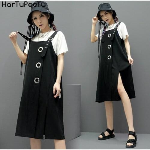 Darkness Black Suspender Dress Ladies Japan Style Side Split Spaghetti Strap Mid-Length Plus Size Loose Fit for Girls Fashion
