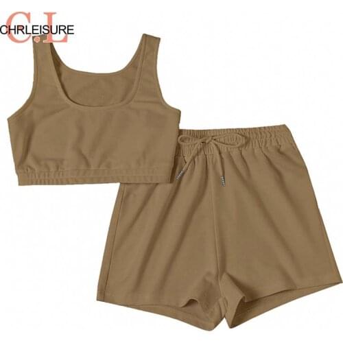 CHRLEISURE Two Piece Jogger Set Women Sport Blouses Vest Sleeveless Casual Shorts Fitness Breathable Tracksuit Women