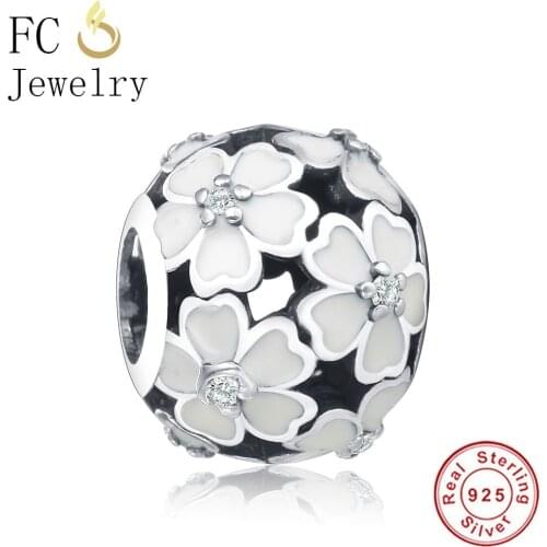 FC Jewelry Fit Original Brand Charm Bracelet 925 Sterling Silver Pink Ename Cherry Blossoms Daisy Flower Beads Making Berloque