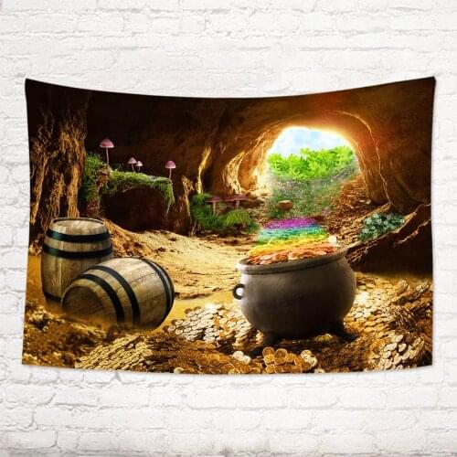 St.Patricks Day Tapestry Cave Wine Barrel Clover Gold Coin Wall Hanging Tapestries For Bedroom Living Room Dorm Party Decor