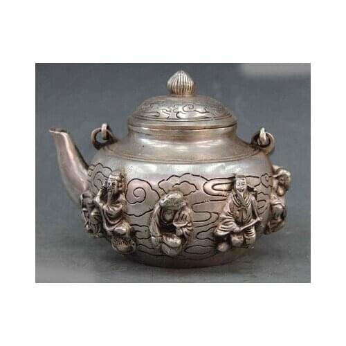 Chinese Folk blanco Copper Silver ocho inmortales Flagon hervidor tetera olla vino copper decoration bronze factory Pure Brass