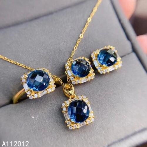 KJJEAXCMY fine Jewelry 925 sterling silver inlaid natural blue topaz fashion pendant ring earring set support test Chinese style