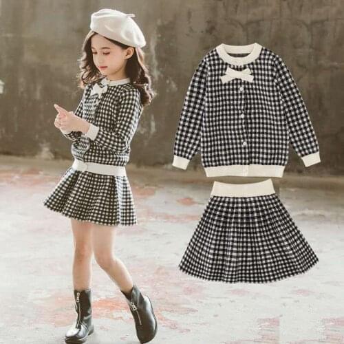 2021 Girls Clothing Set Plaid Bow Jackets+skirts Baby Girl Kids Elegant 2pcs Suits Children Autumn Clothes Outfits
