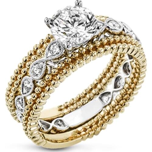 Super Luxury Gold Color Girl Wedding Ring Set Micro Pave Girl Solitaire Engagement Rings Factory Wholesale Two-color Wedding