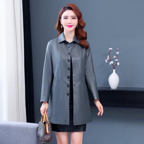 Women Spring Single Breasted Faux Leather Jacket 5XL Ladies New Washed PU Leather Trench Black Coats Female Outerwear Plus Size