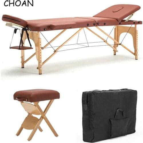 Beauty salon SPA tattoo furniture beech wooden PVC leather patio facial Foldable portable massage table bed with stool and bag