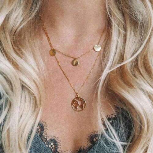 Fashion Jewelry Personality Street Shooting Statement Necklace Round World Map Double Necklace Bohemian Women Elegant Necklace