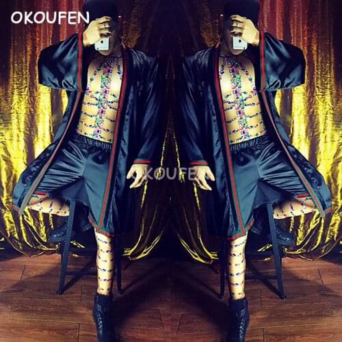 Fashion Blue Embroidered Pajamas Costume set nightclub male singer dancer stage wear Sexy diamond muscle tight jumpsuits