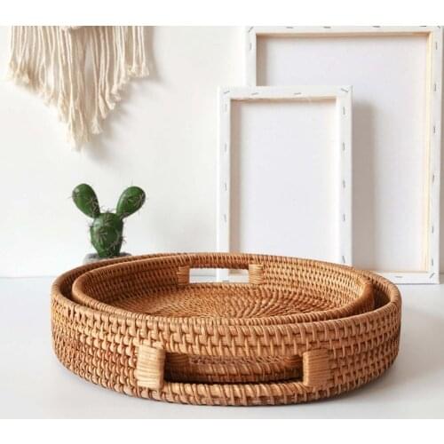 Handwoven Rattan Storage Tray Round Wicker Basket for Bread Fruit Snack Food Plate Picnic Platter Breakfast Serving Tray