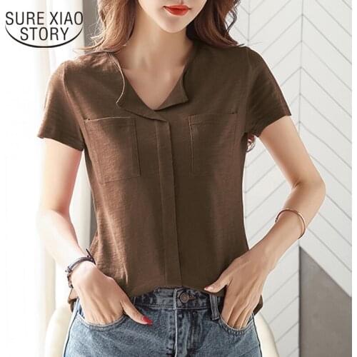 Casual Solid Color Pockets T-shirt 2021 Summer V-neck Cotton T-shirt Women Oversized Vintage Tops Female Clothing Blusas 13772