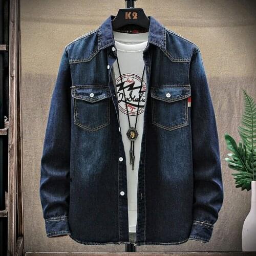 Spring/Autumn Solid Man Denim Shirt Fashion Simple Casual Long-sleeved Mens Shirts Denim Thin Coat Male 2 Colors M-4XL CY913