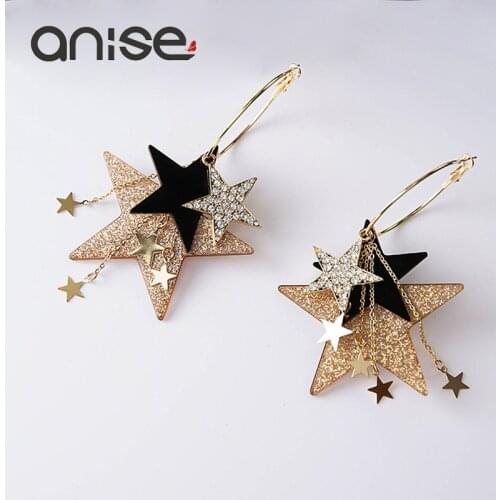 Anise Five Pointed Star Hoop Earrings Sequins Rhinestone Tassel Pendant Big Earrings For Woman Fashion Oorbellen Jewelry