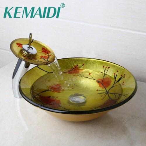 KEMAIDI Plum blossom Tempered Glass Basin Sink Washbasin Faucet Set Counter top Washroom Vessel Vanity Sink Bathroom Mixer