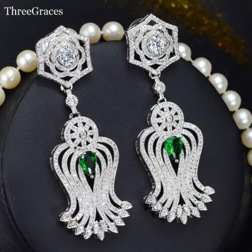 ThreeGraces 4 Color Options Super Long Dangle Cubic Zirconia Stone Setting Green Crystal Vintage Drop Earrings For Bridal ER278