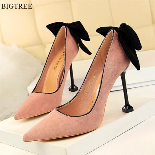 2021 New Sweet Solid Black Butterfly-knot Womens Shoes Pointed Toe Flock Show Thin Shallow Fashion High Heels 9.5cm Shoes Women