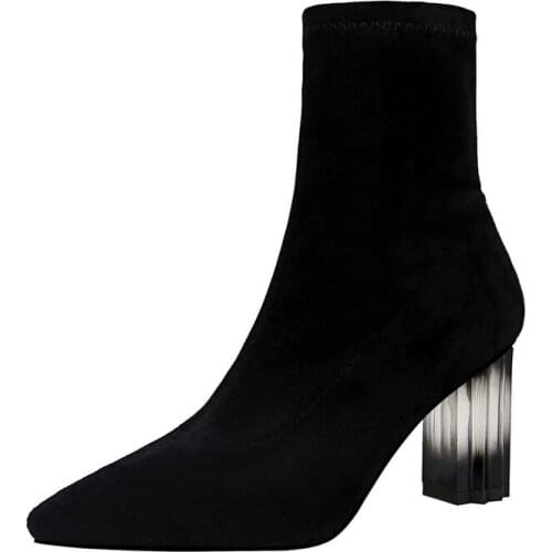 UMMEWALO Ankle Length Flock Boots Women Fashion Pointed Toe High Heel Shoes Winter Ankle Boots Ladies Shoes 1718-3