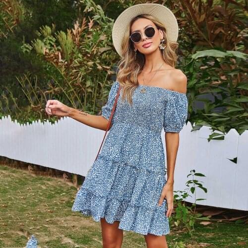 Vintage Casual Ladies Chic Spring Summer 2021 Dress Fashion Slash Neck Short Sleeve Print High Waist Womens Dress